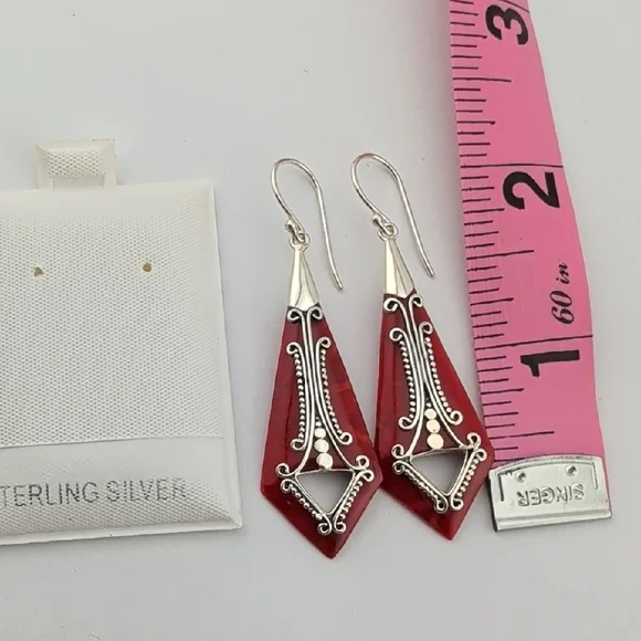 Coral And Sterling Silver Filigree Dangle Drop Earrings - Picture 5 of 6